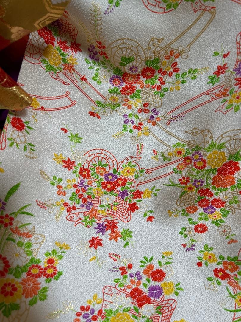 7歳　七五三　十三参り　身丈144 正絹着物　帯、帯揚げ、帯締め　しごき　セット