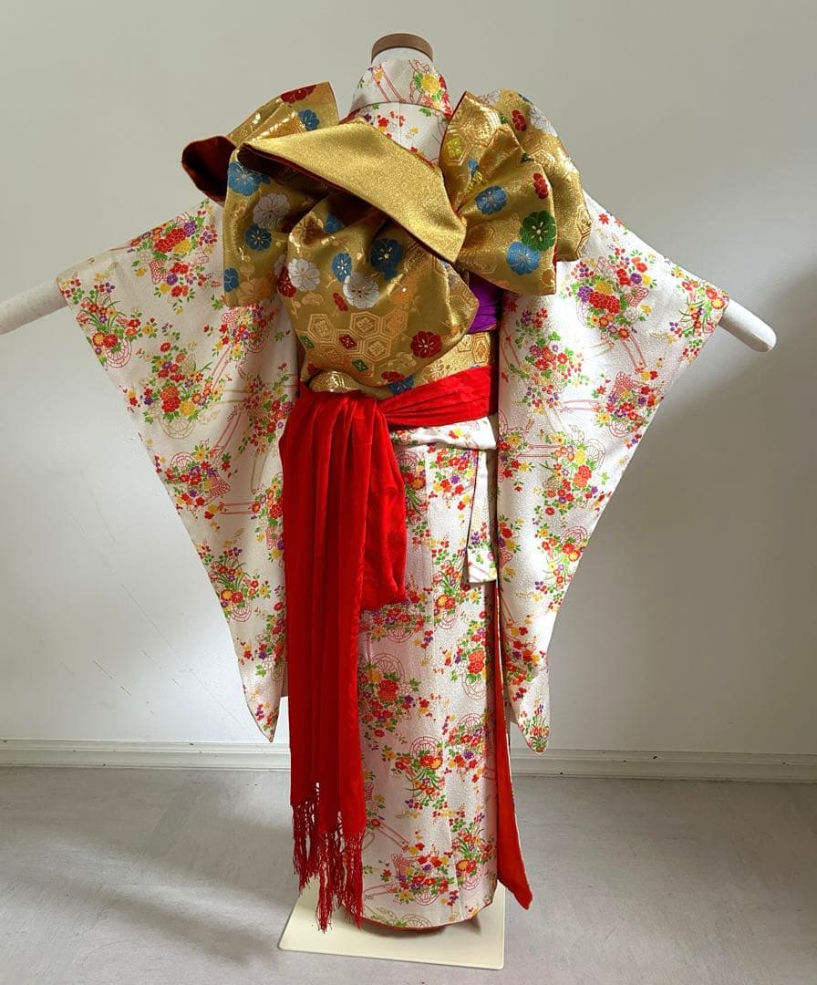 7歳　七五三　十三参り　身丈144 正絹着物　帯、帯揚げ、帯締め　しごき　セット