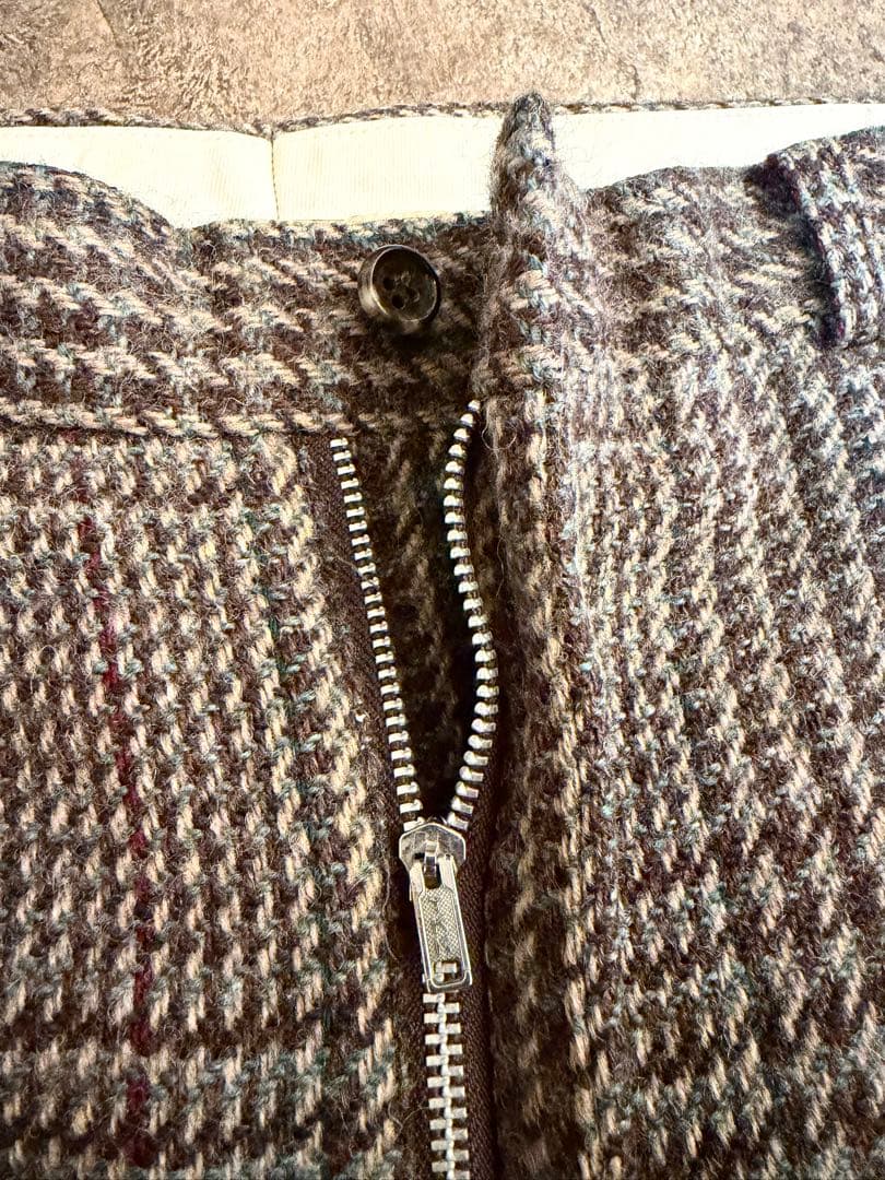 90s PAPAS パパス 2タック ウールパンツ ブラウンチェック W34