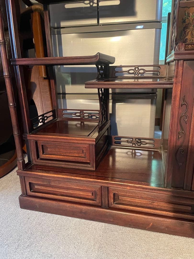 当時物　中国小叶紫檀家具 紫檀茶箪笥 透かし彫り飾り棚 年代品　昭和レトロ