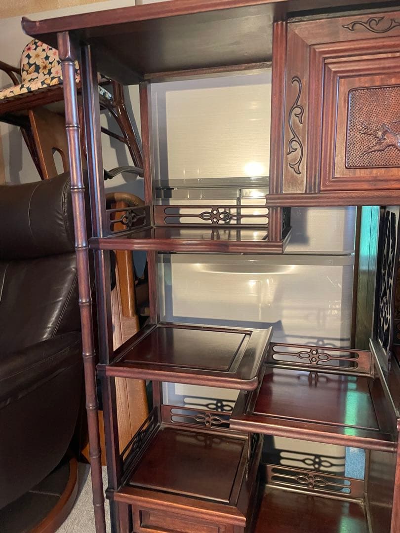 当時物　中国小叶紫檀家具 紫檀茶箪笥 透かし彫り飾り棚 年代品　昭和レトロ