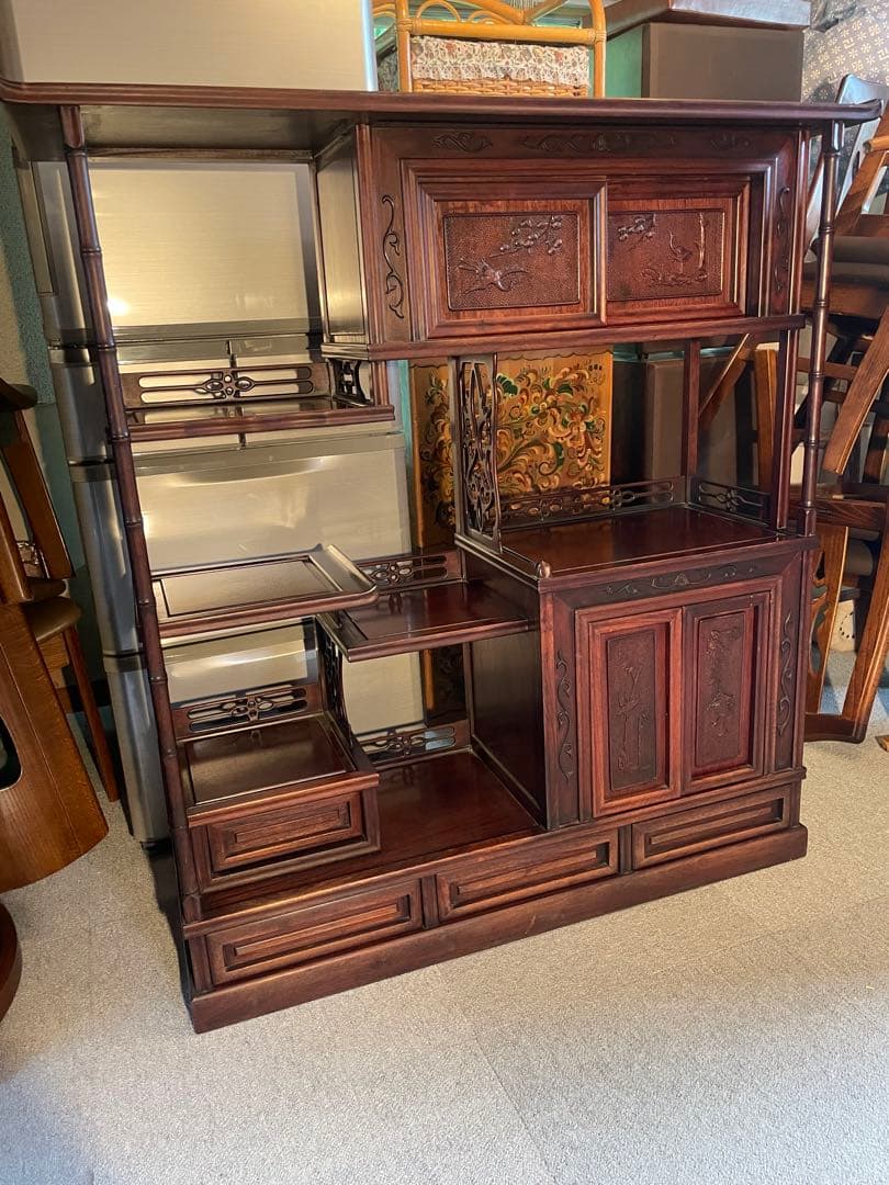 当時物　中国小叶紫檀家具 紫檀茶箪笥 透かし彫り飾り棚 年代品　昭和レトロ