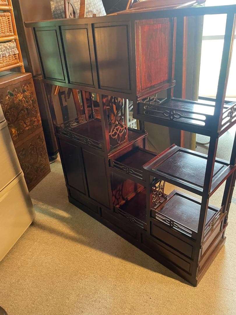 当時物　中国小叶紫檀家具 紫檀茶箪笥 透かし彫り飾り棚 年代品　昭和レトロ