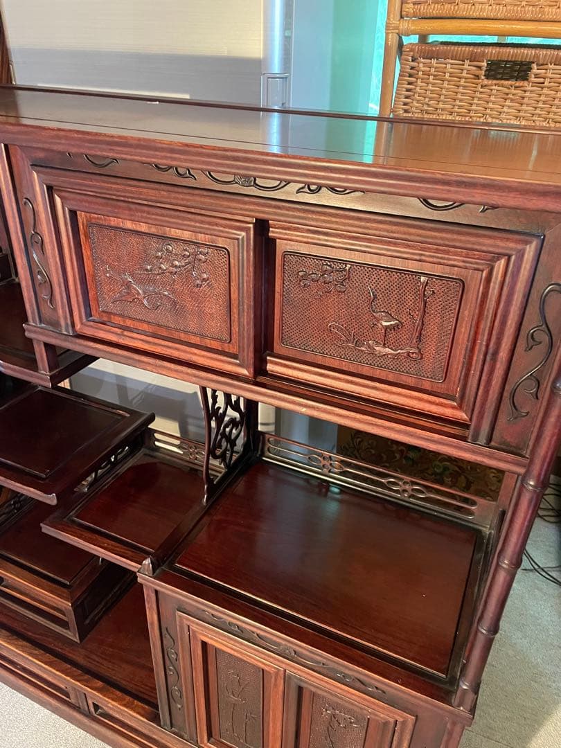 当時物　中国小叶紫檀家具 紫檀茶箪笥 透かし彫り飾り棚 年代品　昭和レトロ