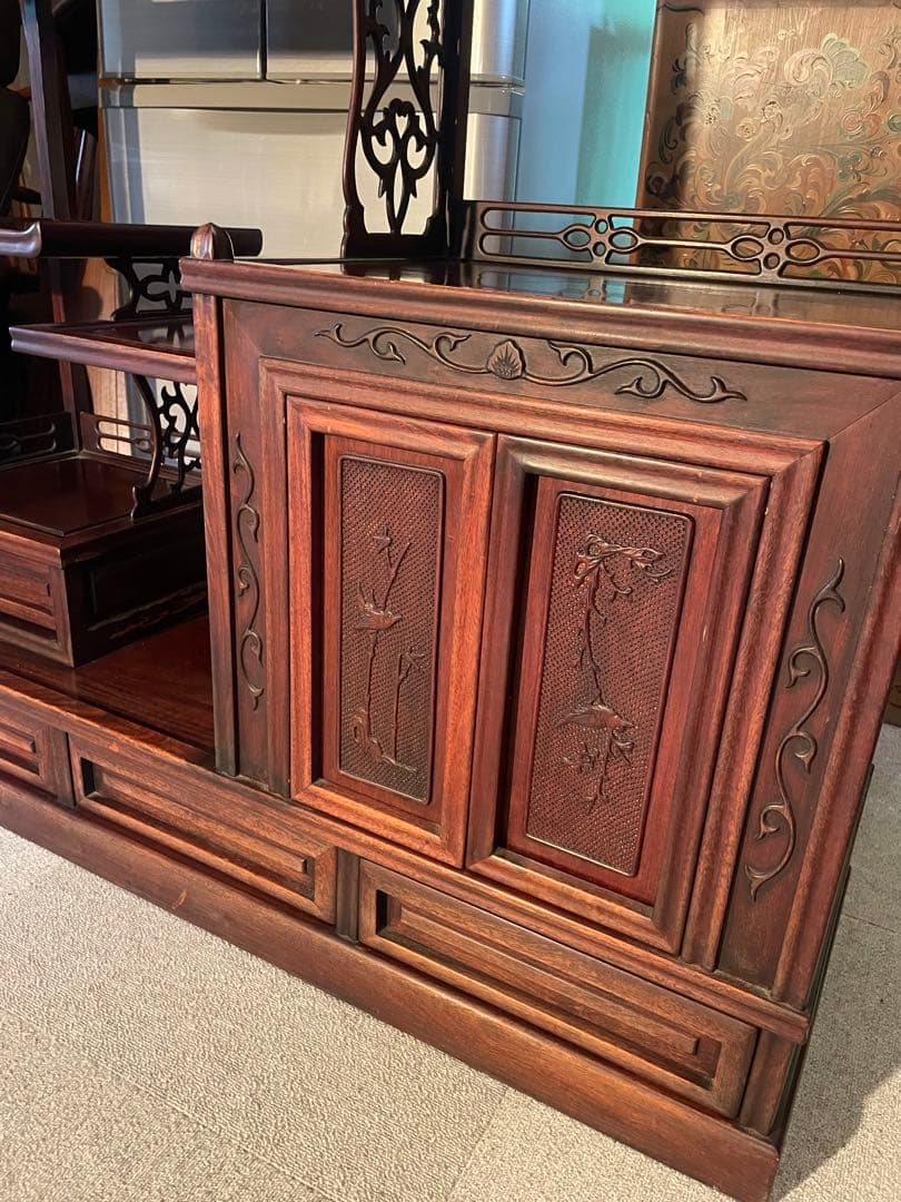 当時物　中国小叶紫檀家具 紫檀茶箪笥 透かし彫り飾り棚 年代品　昭和レトロ