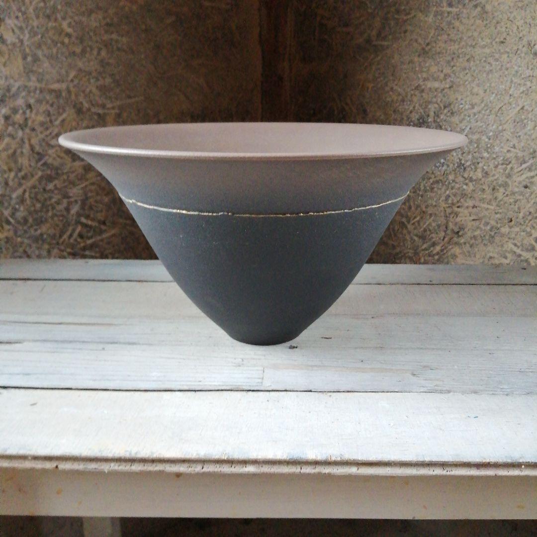 清水焼　小林正明　黒釉窯変紋花器　31.8cm