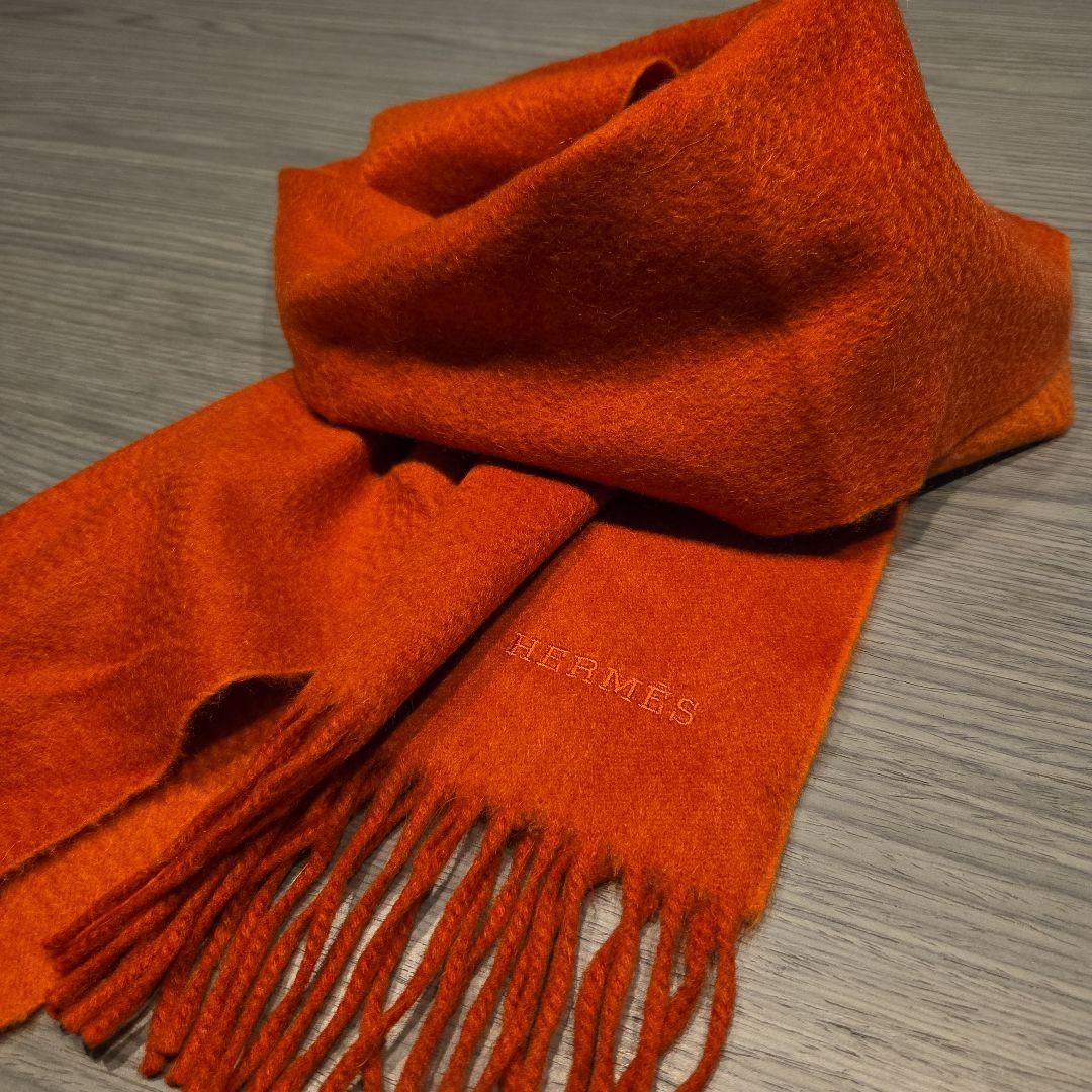 ヨジョン【美品】HERMES エルメス カシミヤ100%　オレンジマフラー