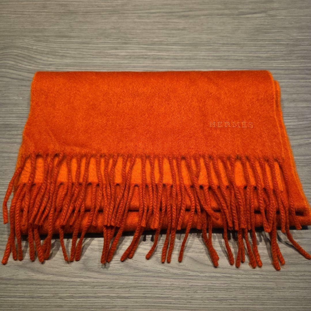 ヨジョン【美品】HERMES エルメス カシミヤ100%　オレンジマフラー