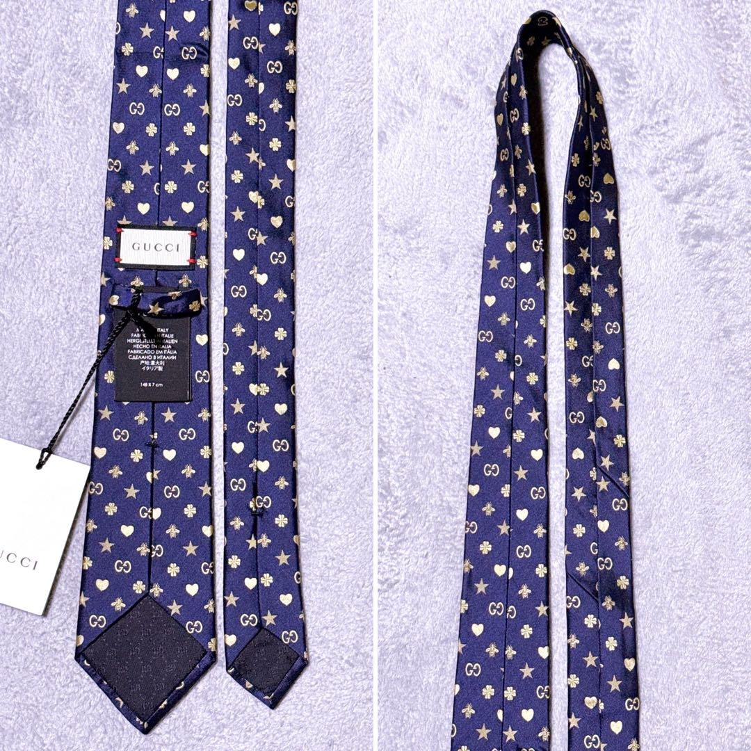 現行【未使用】グッチ ネクタイ 細身 GG ビー 星 ハート クローバー