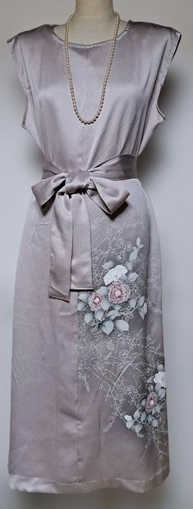 薄紫色花柄訪問着リメイクボレロ付きワンピースドレス