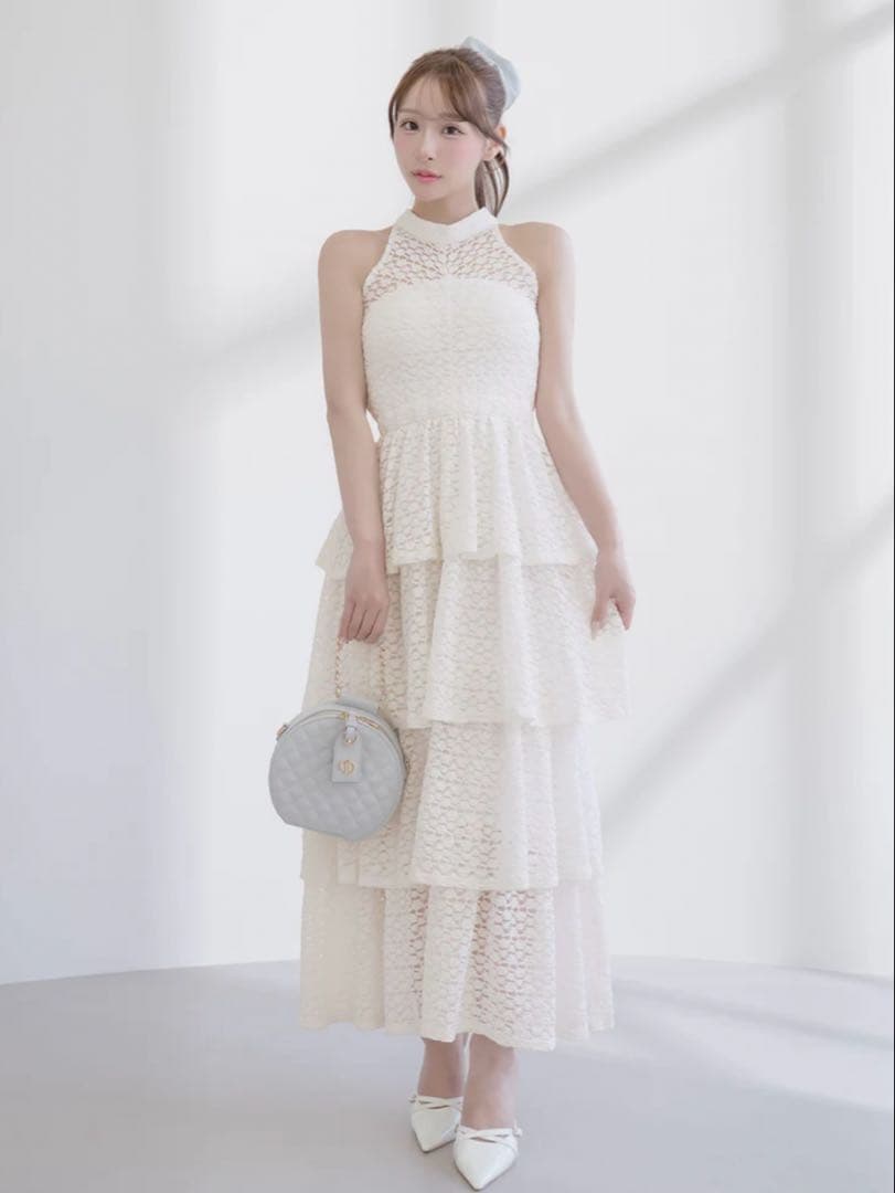 Darich♡バックリボンフラワーレースティアードロングドレス　(Free)