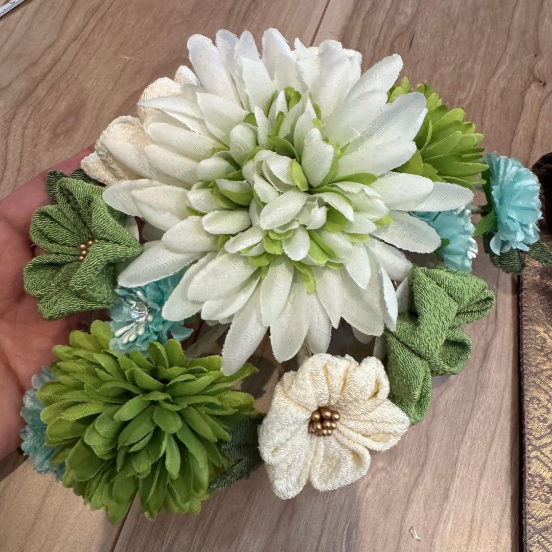 超美品　振袖　帯揚　帯締　髪飾　半衿　6点セット　着物小物　ターコイズブルー