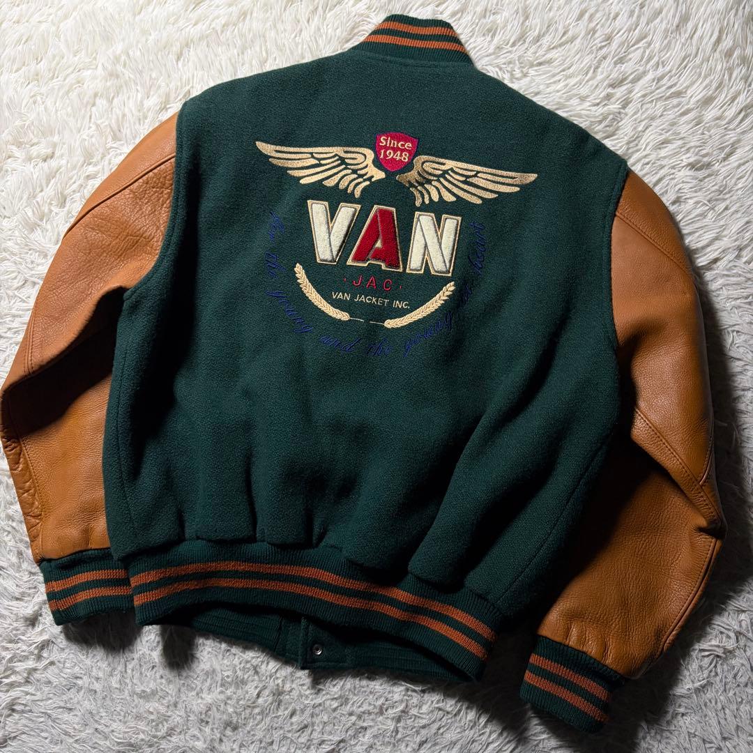 強*欲様 美品/希少✨VAN JACKET スタジャン　袖レザー　グリーン　ブラ