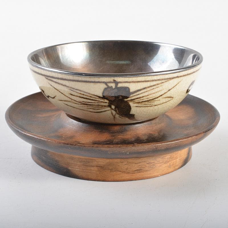 大陸　永楽善五郎作　鉄絵　蜻蛉文　内銀張　盃　黒柿盃台付　D　R5937