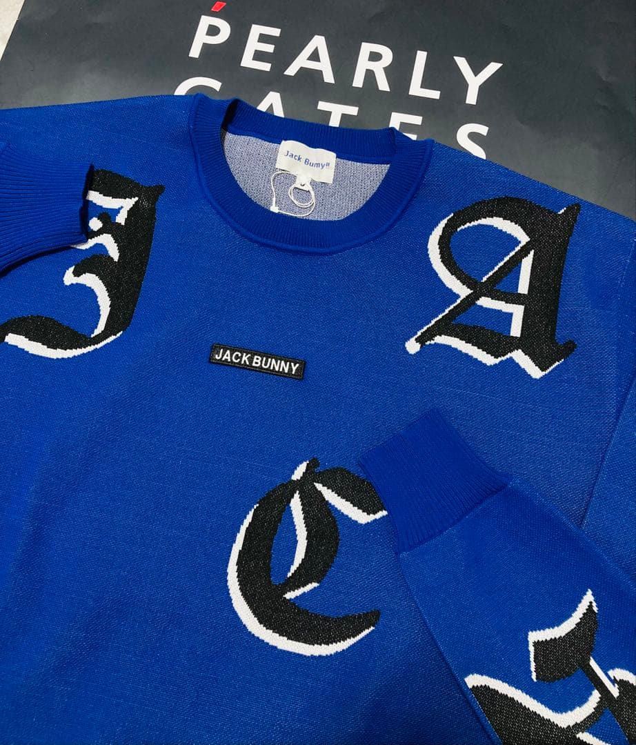 新品 パーリーゲイツ ジャックバニー ゴシックロゴWジャガードニット(6)LL青