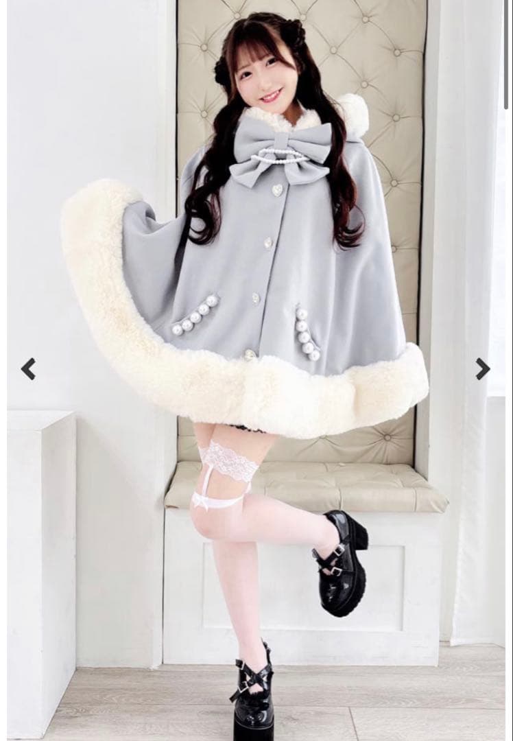 MARS リボン付きボリュームファーフードケープコート - アイスブルー