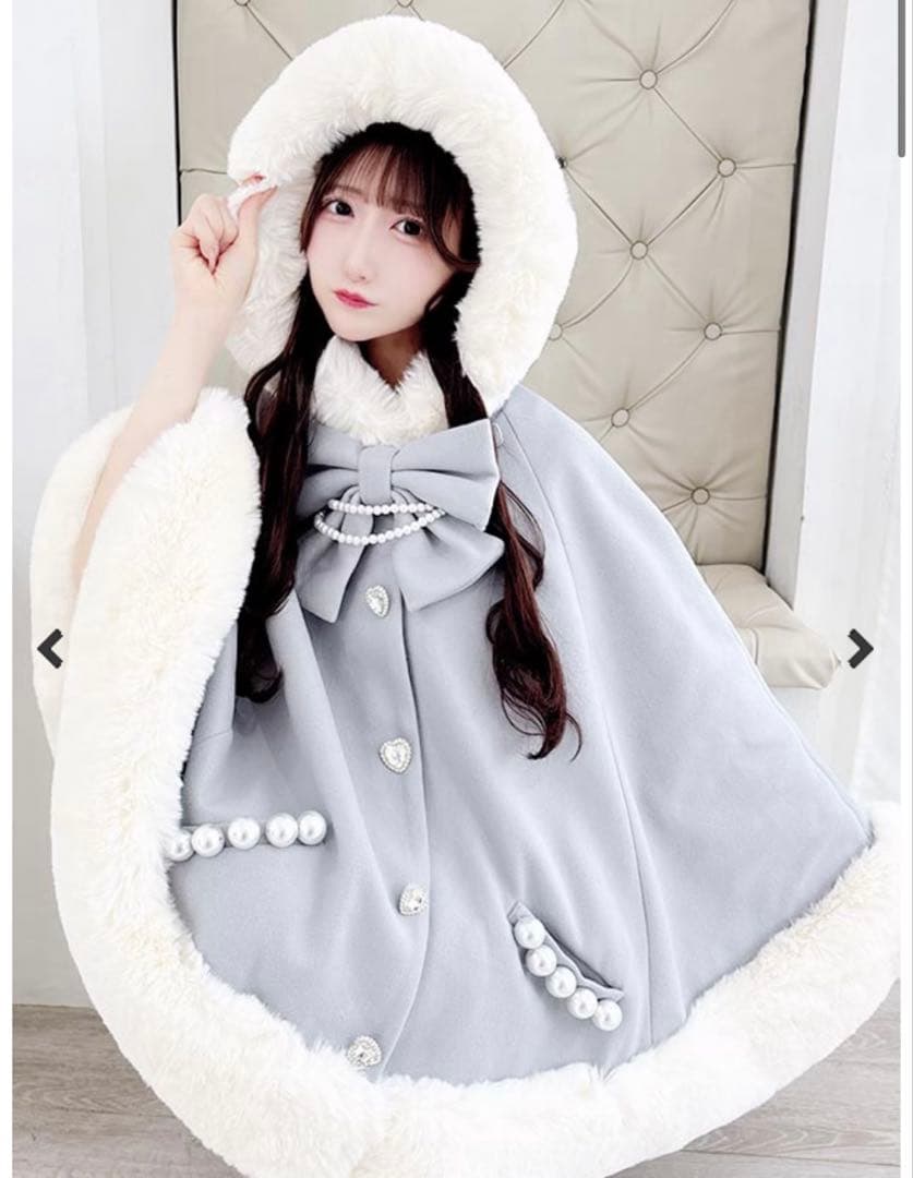 MARS リボン付きボリュームファーフードケープコート - アイスブルー