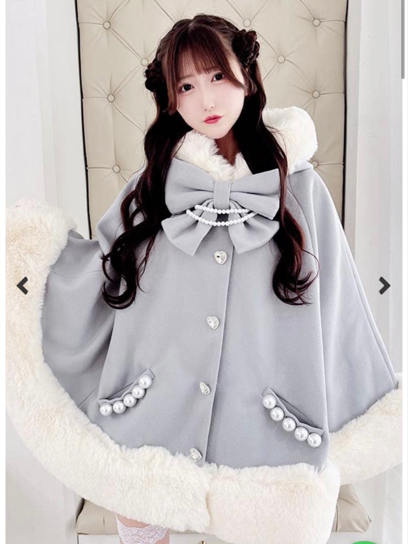 MARS リボン付きボリュームファーフードケープコート - アイスブルー