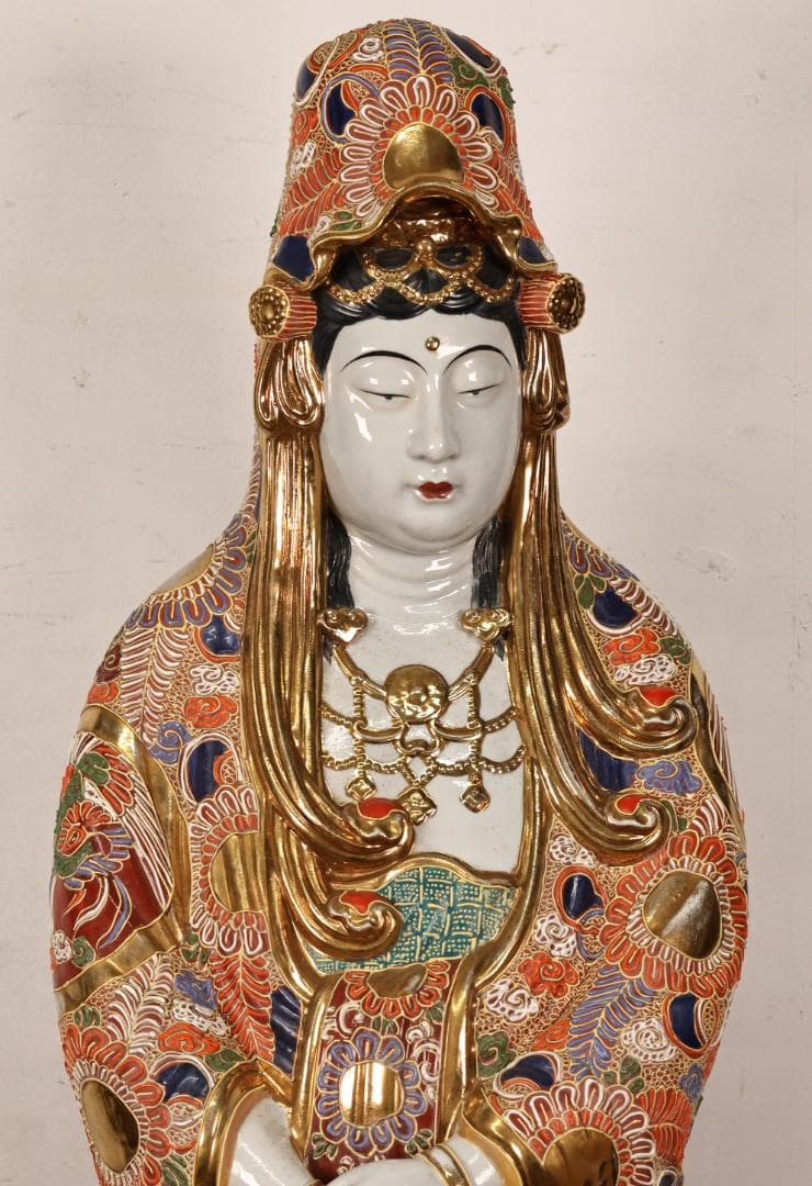 R　九谷焼　八幡窯　特大　色絵金彩観音菩薩像　置物　高90㎝　重さ15㎏