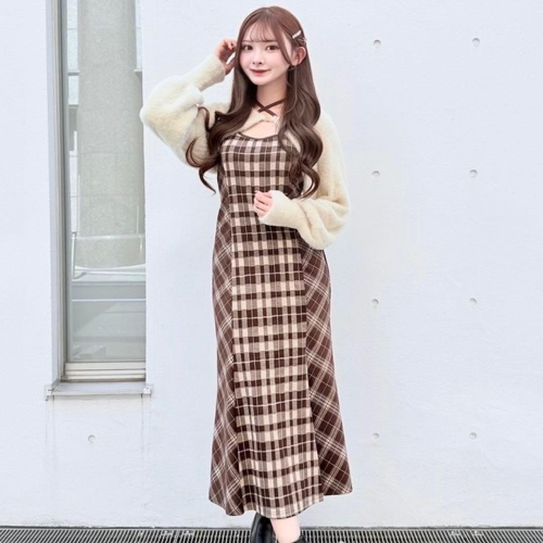 【最終値下げ】one way NOMAE シャギーボレロロングチェックワンピース