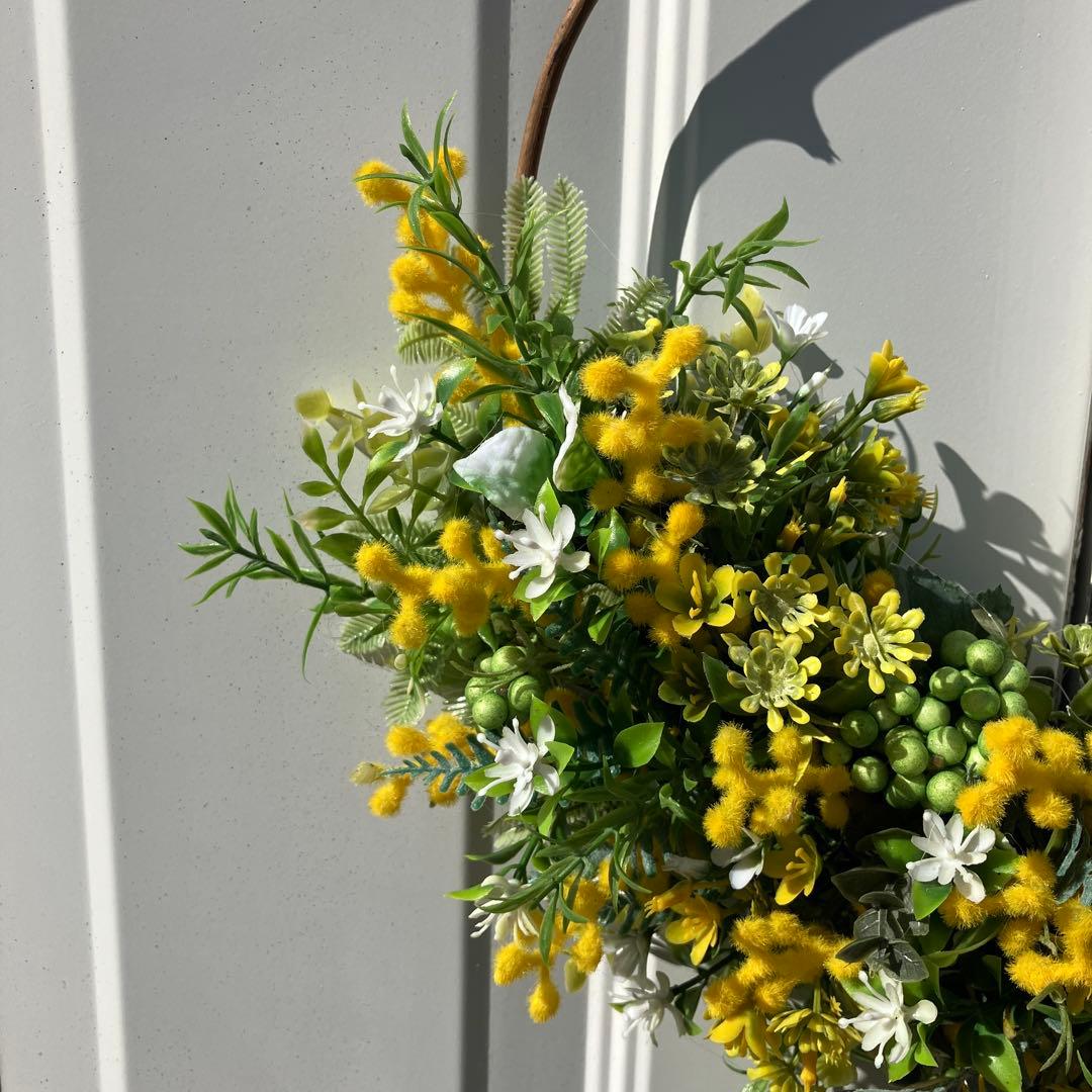 みぃです。もふもふミモザと麻リボンのリース・シフォンリボンのリース 2点