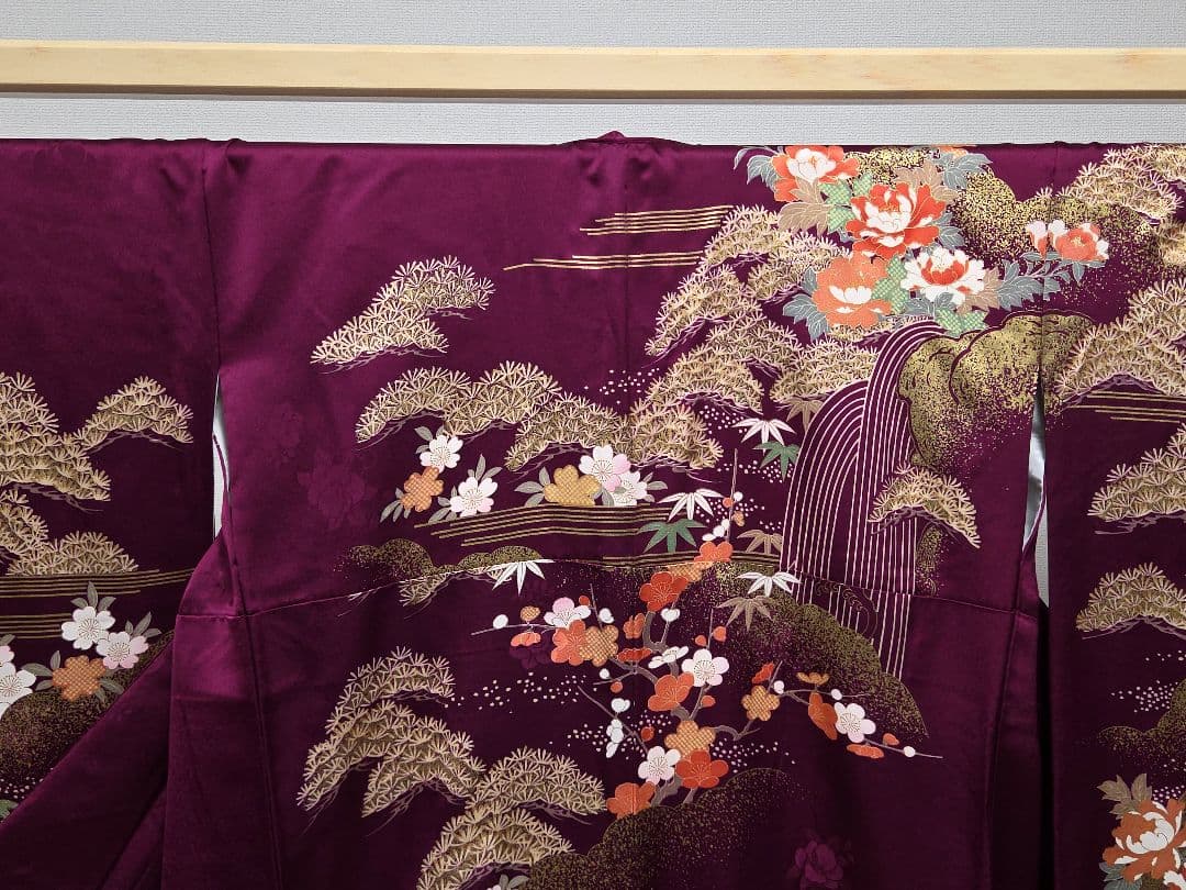 B5◆着物くつろぎ 扇面花模様 金彩 金駒刺繍 袷 正絹 成人式 振袖 着物