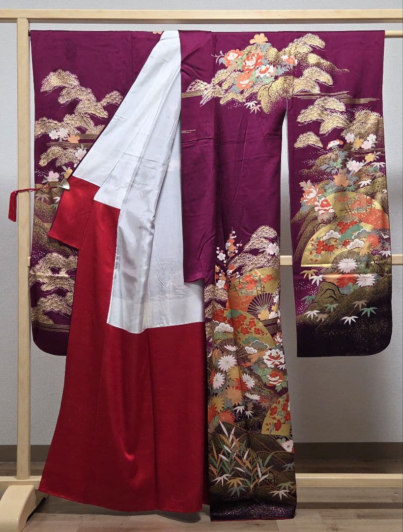 B5◆着物くつろぎ 扇面花模様 金彩 金駒刺繍 袷 正絹 成人式 振袖 着物