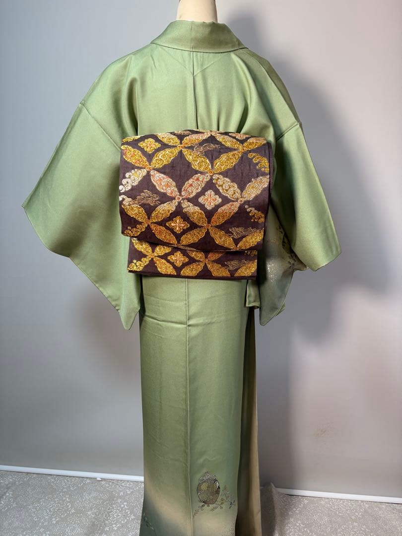 正絹　焦茶色　七宝にうさぎ図　袋帯　450㎝　訪問着、色無地に　金糸