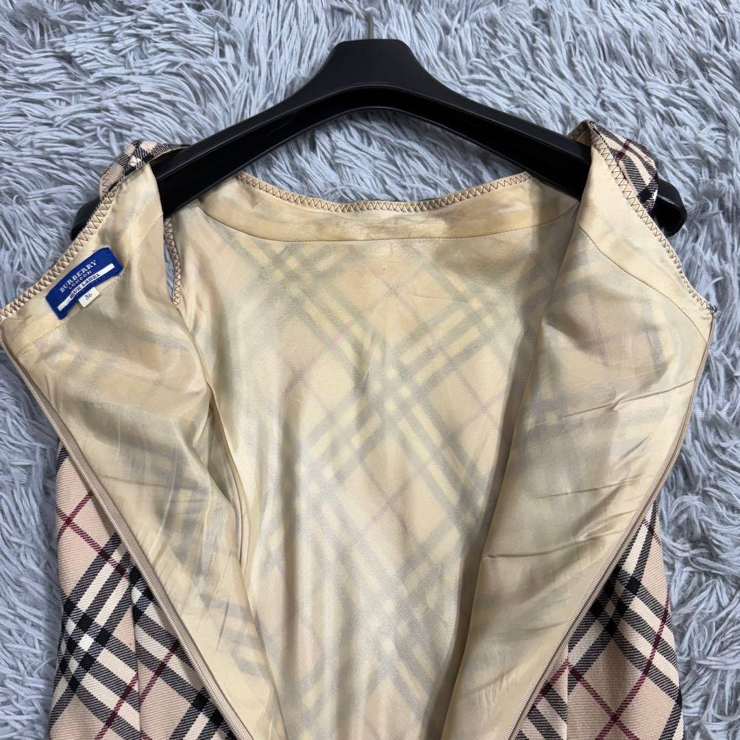 バーバリー ノバチェックロングワンピース ノースリーブ ベージュ ウール 36