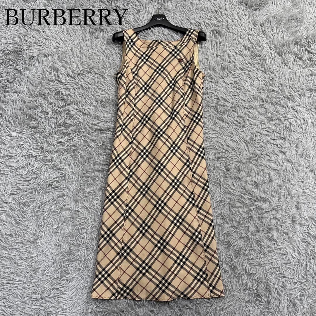 バーバリー ノバチェックロングワンピース ノースリーブ ベージュ ウール 36