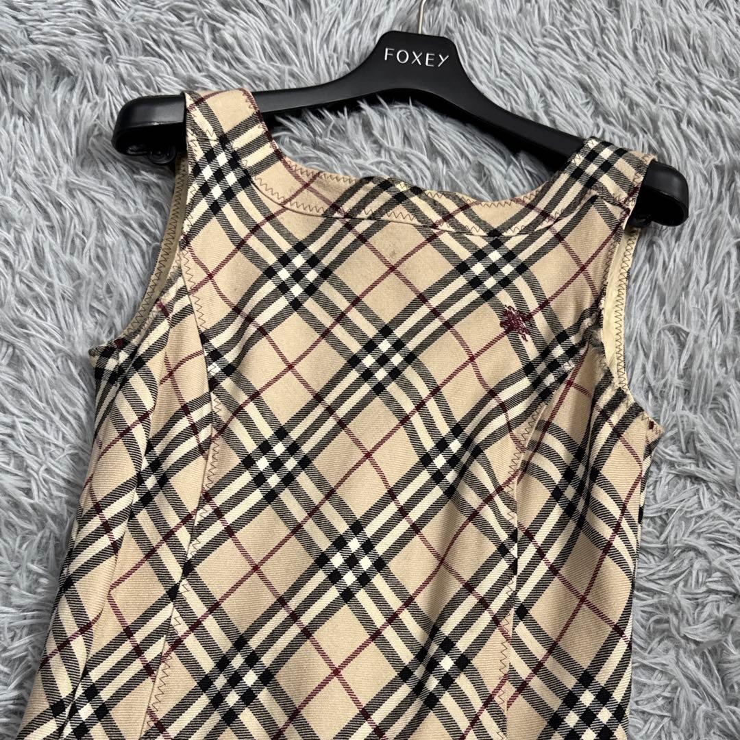 バーバリー ノバチェックロングワンピース ノースリーブ ベージュ ウール 36