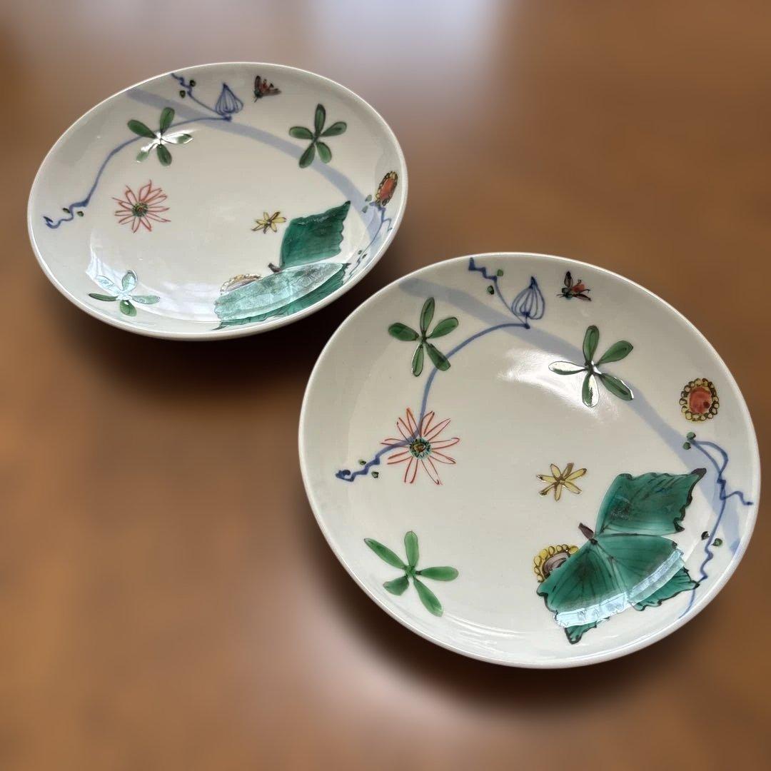 正木春蔵　色絵染付野花文5寸皿　2枚セット