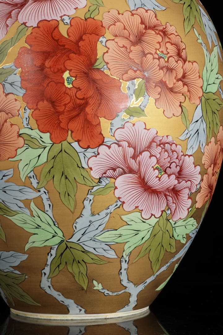 時代物 肥前 有田焼 金濃色絵牡丹文 花瓶 飾壺 骨董 古美術 在銘 高さ42㎝