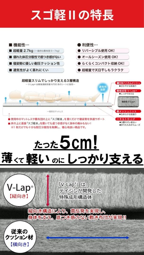 【シングル】TEIJIN テイジン 帝人 軽量コンパクト敷布団 スゴ軽2