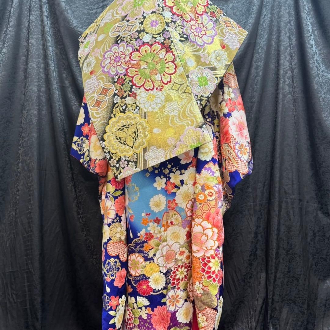 美品　京友禅　古典　地紋　駒刺繍　金彩　パール加工　フルセット　振袖　振り袖
