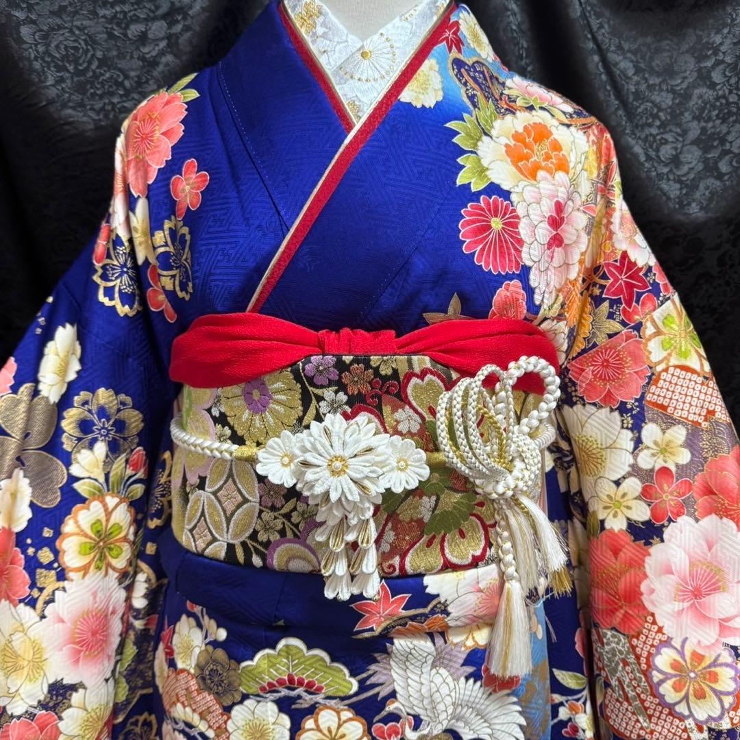 美品　京友禅　古典　地紋　駒刺繍　金彩　パール加工　フルセット　振袖　振り袖