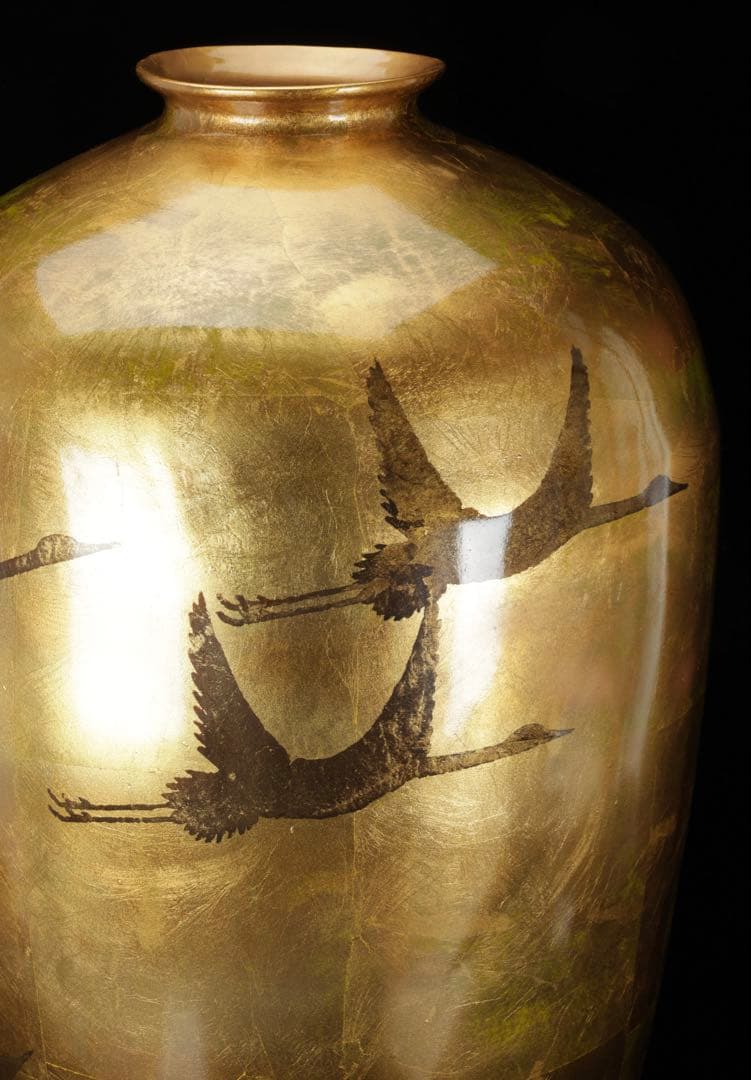 大型 漆塗 金地花瓶 鶴図 秋草文様 高さ62cm 花器 飾壺 古美術品 骨董品