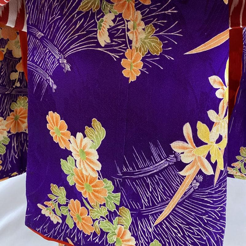 506ag33◎七五三 三歳 女の子 アンティーク着物&被布 花文 濃い紫色◎