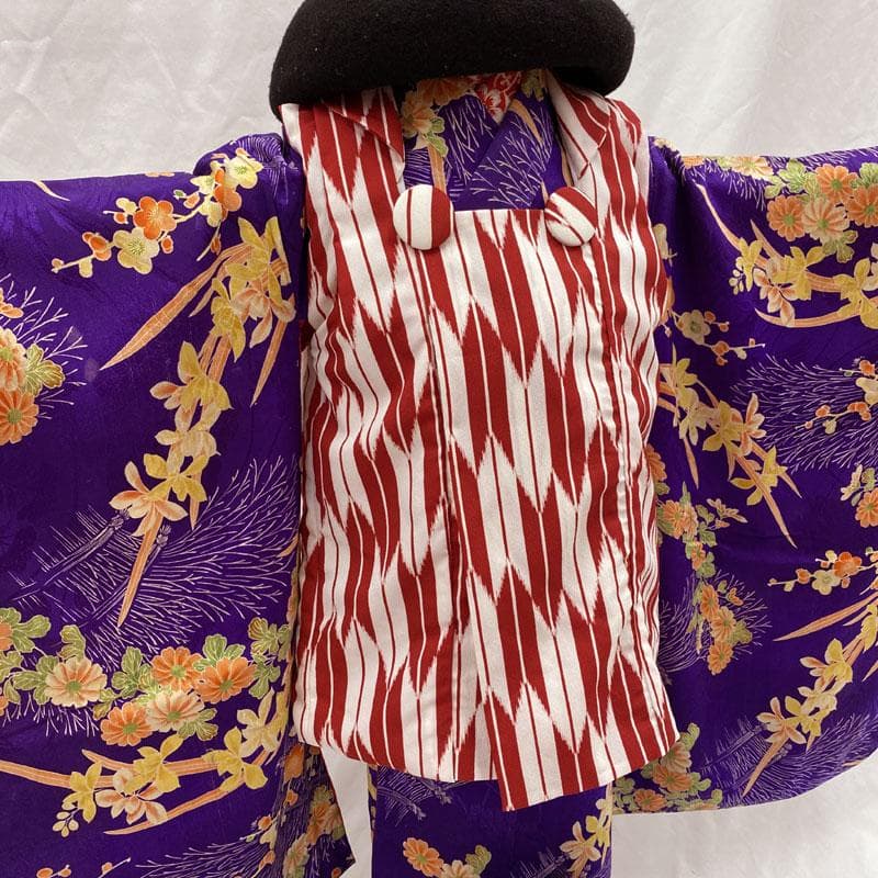 506ag33◎七五三 三歳 女の子 アンティーク着物&被布 花文 濃い紫色◎