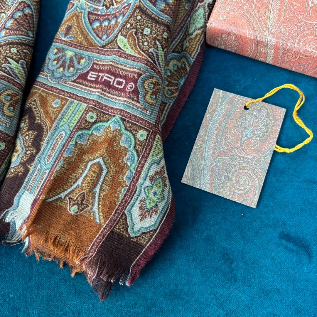 希少ETRO ペイズリー柄 ストールイタリア製シルクウールストール珍品箱タグ付き