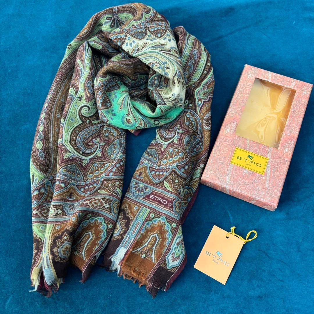 希少ETRO ペイズリー柄 ストールイタリア製シルクウールストール珍品箱タグ付き