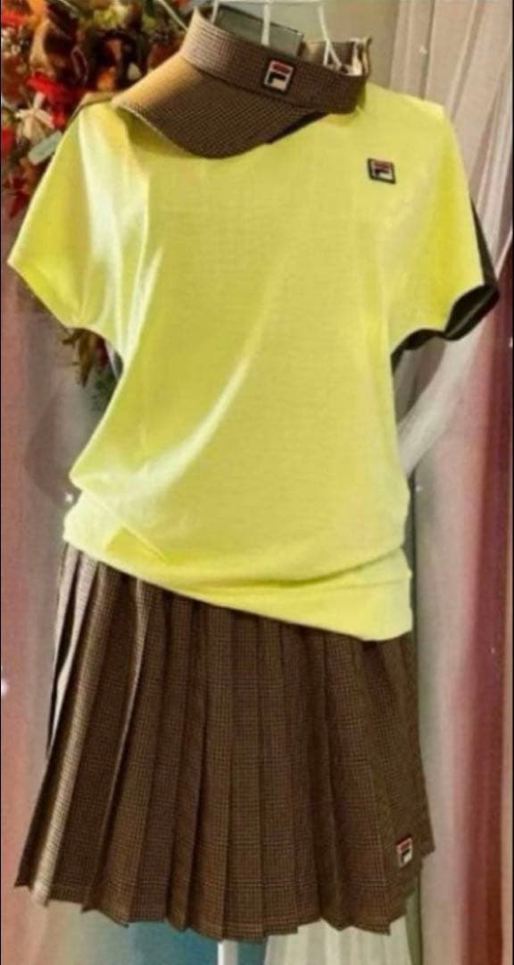 No.591 FILA キャメルガンクラブチェックのプリーツスコート☆XL☆