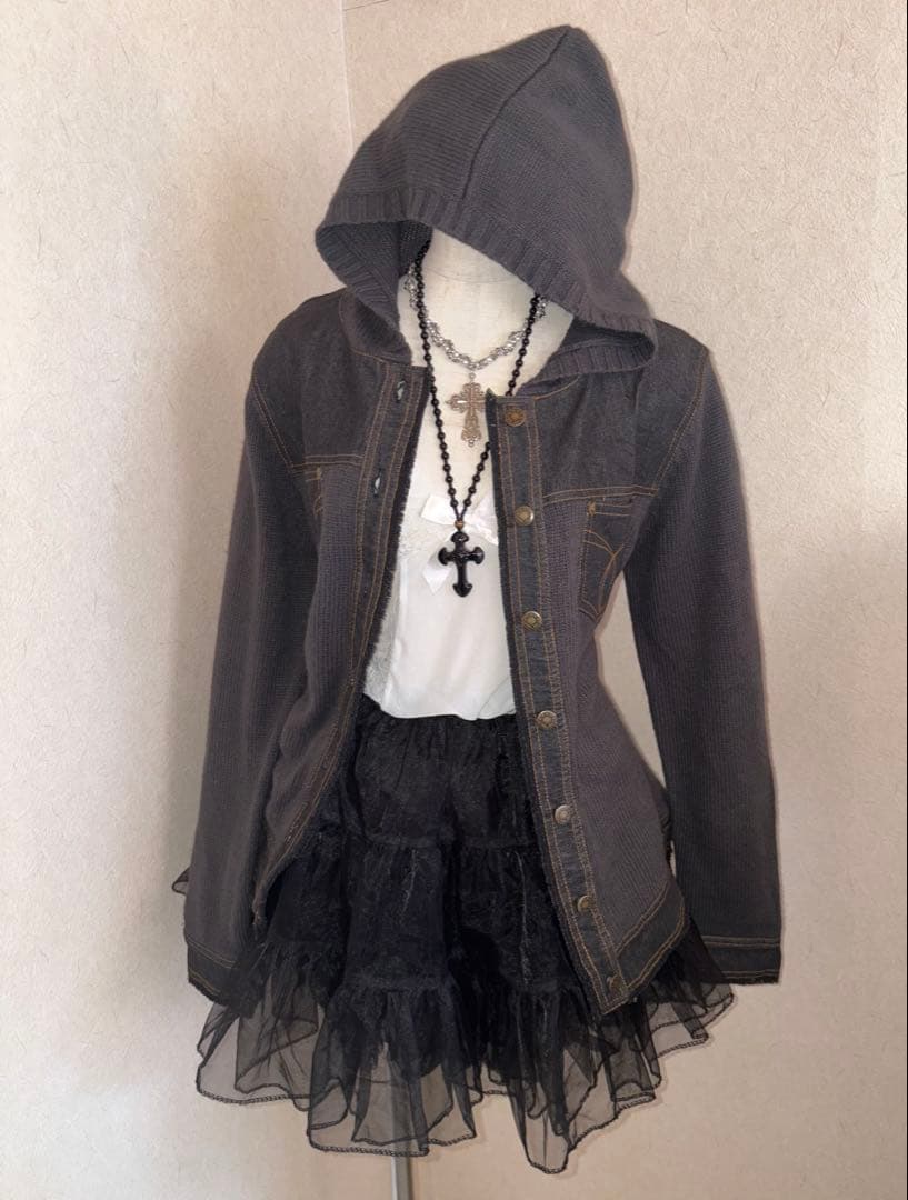 レア⭐︎平成ギャルarchiveニットデニムドッキングパーカー　フルボタンy2k