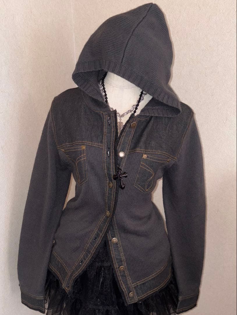 レア⭐︎平成ギャルarchiveニットデニムドッキングパーカー　フルボタンy2k