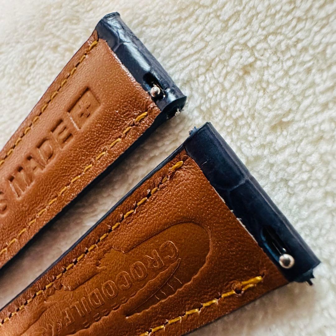 2068#19mm-16mmミッドナイトブルー★本物クロコダイルベルト★スイス製