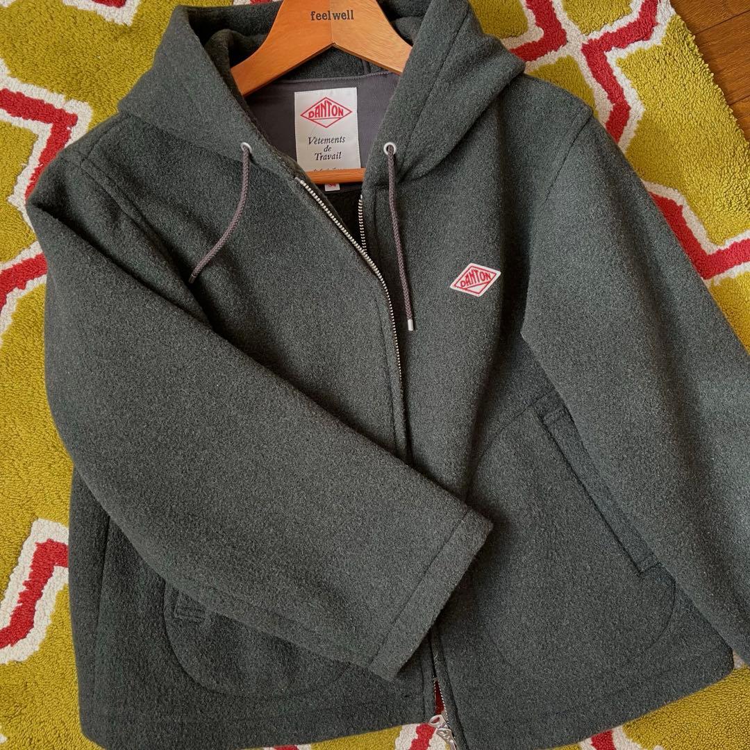 ダントンDANTONウールライトパイルフード付ジップアップジャケット34グリーン