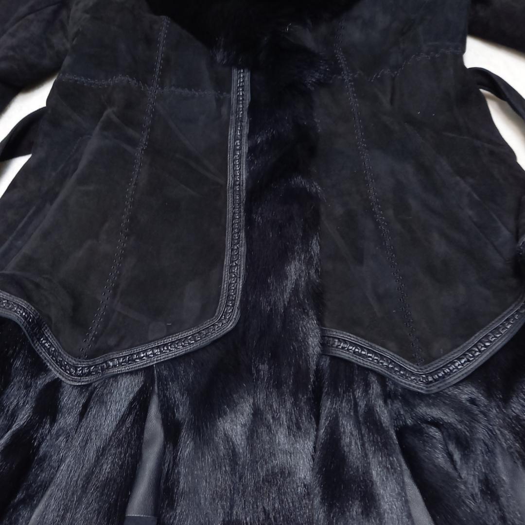 豪華✨リアルレザー＆リアルファー ベルテッドコート ゴートレザー ブラック