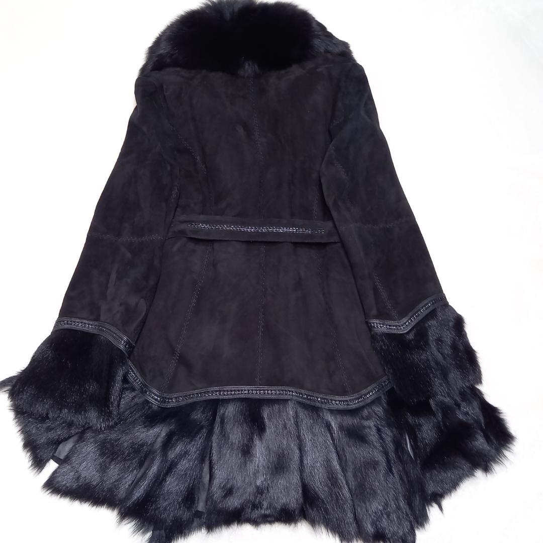 豪華✨リアルレザー＆リアルファー ベルテッドコート ゴートレザー ブラック