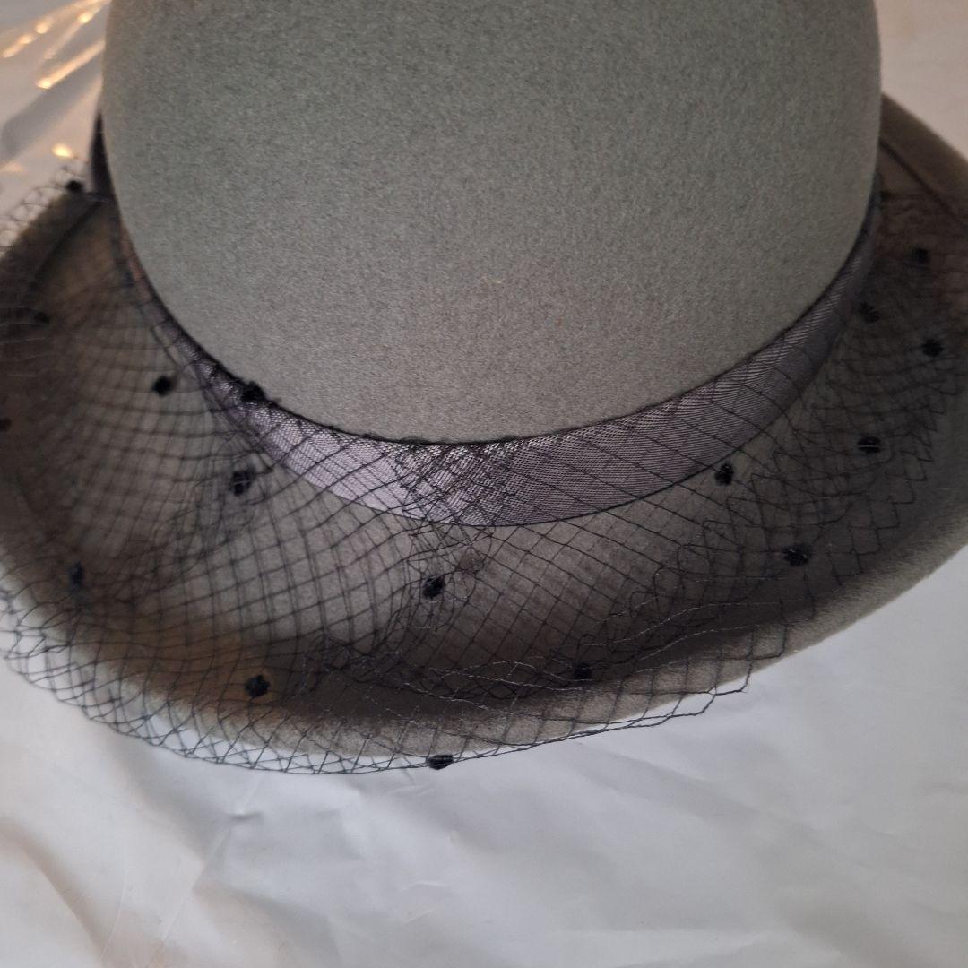 グレー ウールフェルト ボウラーハット　レース　リボン　ヴィンテージ