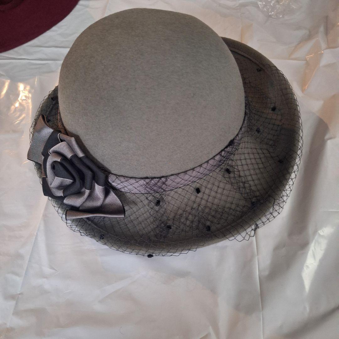 グレー ウールフェルト ボウラーハット　レース　リボン　ヴィンテージ